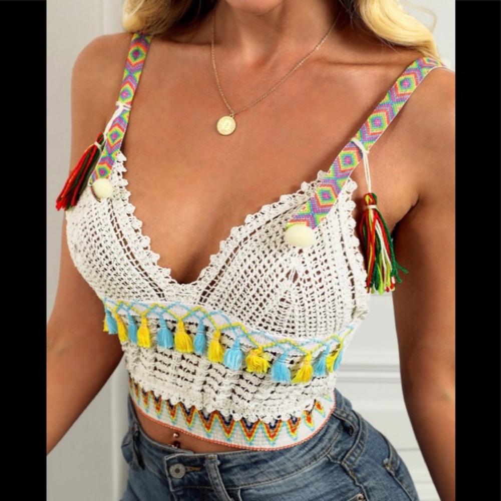 🖤Tribal Print W/ Tassels embroidery Crop Cami Top